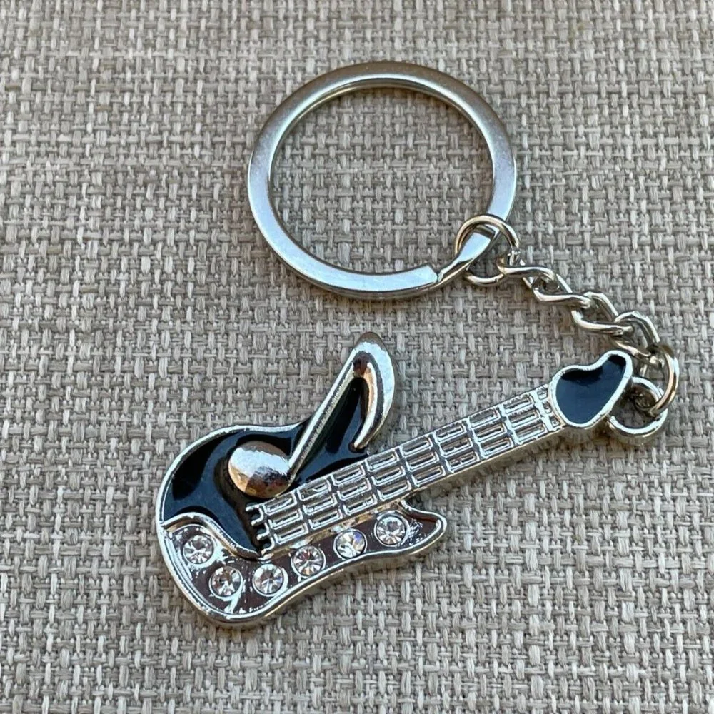 Guitar Key chain Silver/Black Tone Fashion Jewelry Keys Holder Crystals accent